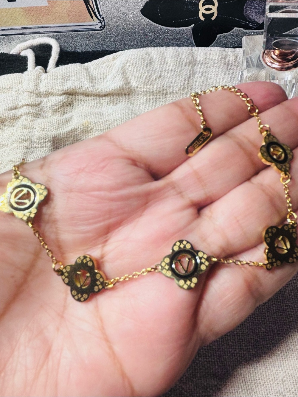 7”-8.5” Gold Floral Motif Bracelet with Signature Medallions - 18K Tone